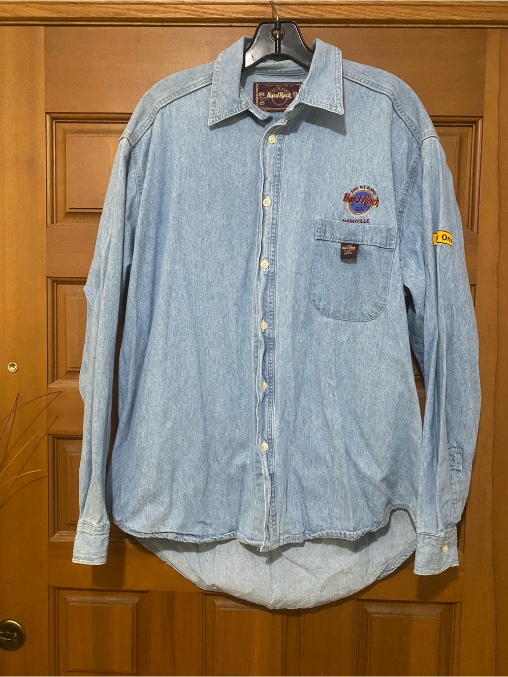 Hard Rock Cafe Light Blue Denim Button-Down Shirt with Embroidered Logo